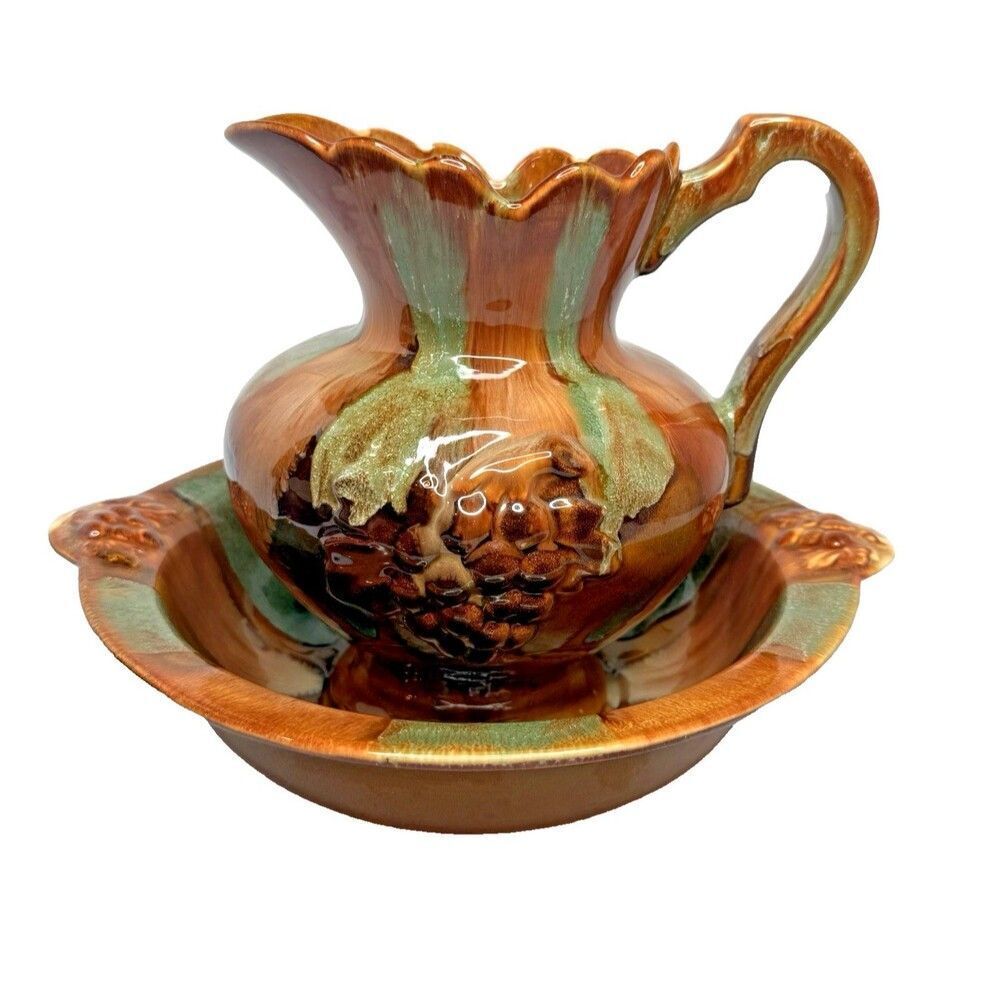 Dryden Ozark Frontier Pottery Pitcher and Wash Basin Brown Green Rust Drip Glaze